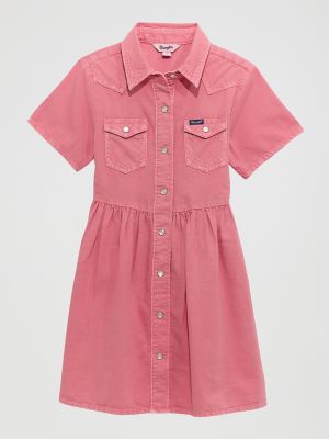 Wrangler Kids' Girl's Colorwash Denim Western Snap Dress In Pink