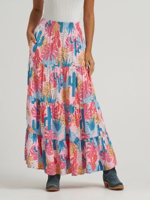 Womens Wrangler Printed Tiered Maxi Skirt:Pink:M alternative view 2