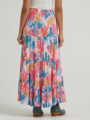 Womens Wrangler Printed Tiered Maxi Skirt:Pink:M alternative view 3