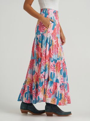 Womens Wrangler Printed Tiered Maxi Skirt:Pink:M alternative view 4