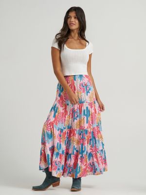 Women's Wrangler Printed Tiered Maxi Skirt in Pink