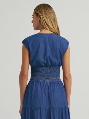 Women's Wrangler Smocked Crop Denim Blouse