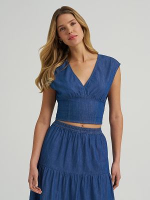 Women's Wrangler Smocked Crop Denim Blouse