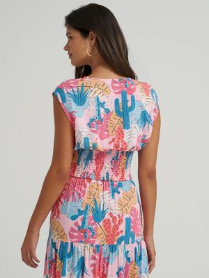 Women's Wrangler Smocked Crop Printed Blouse in Pink