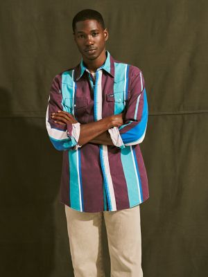 (な)いんLetters WESTERN SHIRTS ＭSIZE Cinch Men's Turquoise Printed Stripe Long Sleeve Button Down