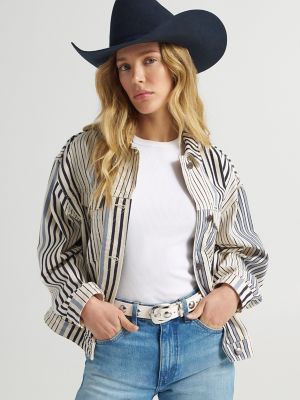 Women's Cowgirl Cut Striped Denim Jacket