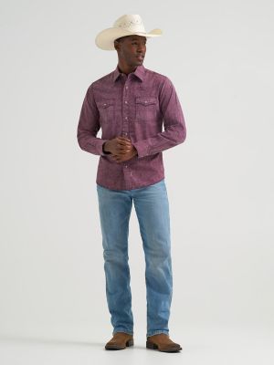 Men's Wrangler Retro&reg; Premium Long Sleeve Western Snap Printed Shirt in Dark Burgundy