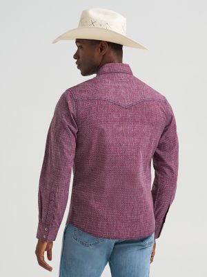 Men's Wrangler Retro&reg; Premium Long Sleeve Western Snap Printed Shirt in Dark Burgundy
