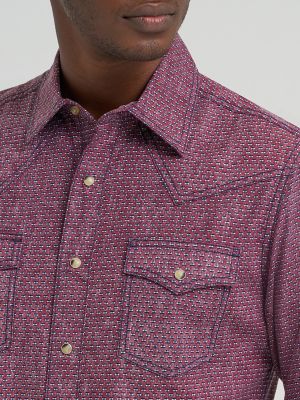 Men's Wrangler Retro&reg; Premium Long Sleeve Western Snap Printed Shirt in Dark Burgundy