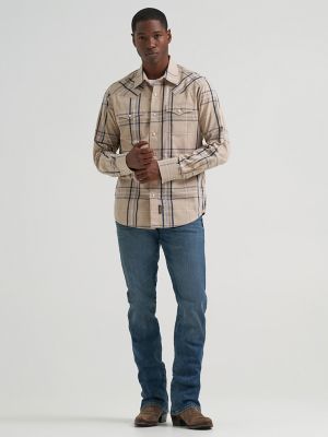 Men's Wrangler Retro&reg; Premium Long Sleeve Western Snap Plaid Shirt in Tan Plaid
