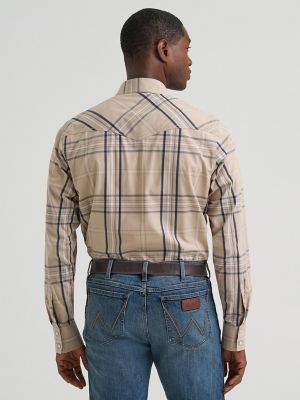 Men's Wrangler Retro&reg; Premium Long Sleeve Western Snap Plaid Shirt in Tan Plaid