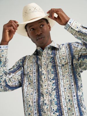 Men's Wrangler Retro&reg; Premium Long Sleeve Western Snap Printed Shirt in Striped Paisley