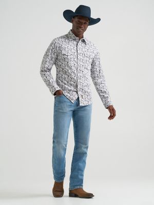 Men's Wrangler Retro&reg; Premium Long Sleeve Western Snap Printed Shirt in Navy Flower