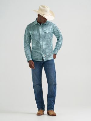 Men's Wrangler Retro&reg; Premium Long Sleeve Western Snap Printed Shirt in Turquoise Diamond