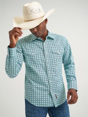 Men's Wrangler Retro&reg; Premium Long Sleeve Western Snap Printed Shirt in Turquoise Diamond