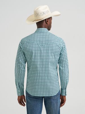 Men's Wrangler Retro&reg; Premium Long Sleeve Western Snap Printed Shirt in Turquoise Diamond