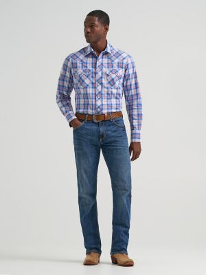 Mens Retro Long Sleeve Plaid Snap Shirt:Daisy Blue:L alternative view