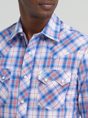 Mens Retro Long Sleeve Plaid Snap Shirt:Daisy Blue:L alternative view 3