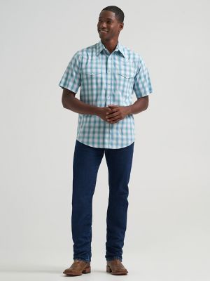 Men's Wrinkle Resist Short Sleeve Western Snap Plaid Shirt in Pale Teal