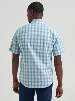 Men's Wrinkle Resist Short Sleeve Western Snap Plaid Shirt in Pale Teal