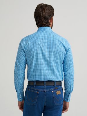 Men's Wrinkle Resist Long Sleeve Western Snap Plaid Shirt in Blue Bold