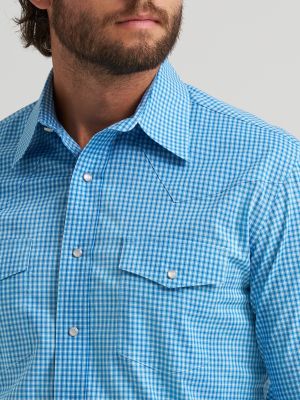 Men's Wrinkle Resist Long Sleeve Western Snap Plaid Shirt in Blue Bold