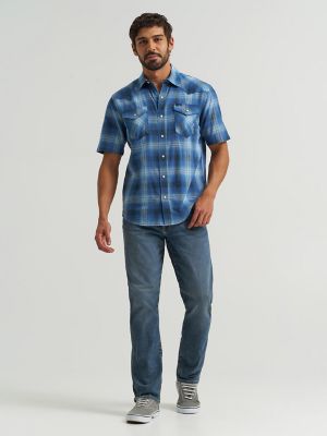Men's Plaid Short Sleeve Snap Shirt in True Navy