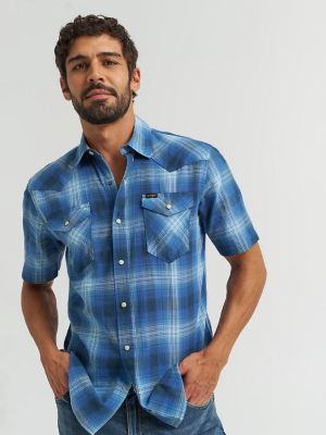 Men's Plaid Short Sleeve Snap Shirt in True Navy