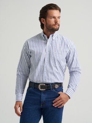 Wrangler&reg; George Strait&trade; Long Sleeve Button Down One Pocket Shirt in Striped Blue
