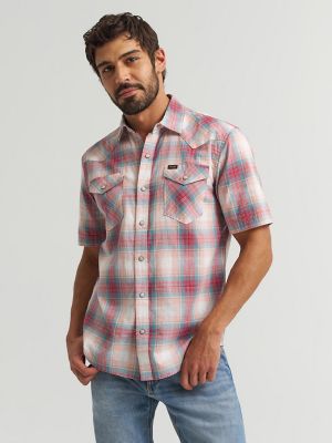 Mens Plaid Short Sleeve Snap Shirt:American Beauty:M alternative view 2