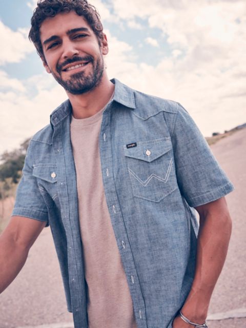 Мужские рубашки Wrangler Men's Chambray Short Sleeve Shirt