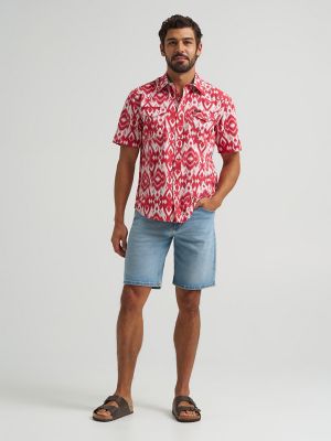 Mens Printed Snap Camp Shirt in Brick Red Ikat