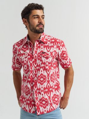 Mens Printed Snap Camp Shirt in Brick Red Ikat
