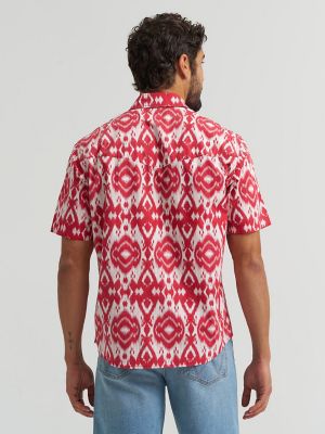 Mens Printed Snap Camp Shirt in Brick Red Ikat