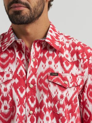 Mens Printed Snap Camp Shirt in Brick Red Ikat