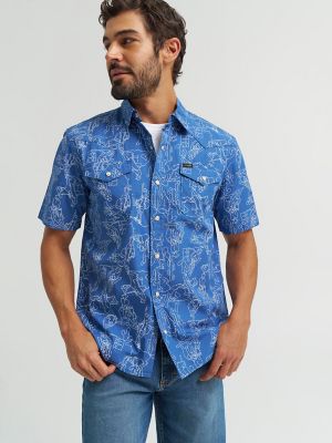 Men's Printed Snap Camp Shirt in Navy Rodeo alternative view 3