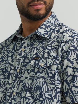 Mens Printed Snap Camp Shirt in Western Blue alternative view 6
