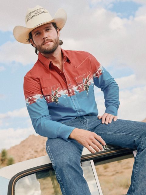 Мужские рубашки Wrangler Men's Checotah® Long Sleeve Western Snap Horizontal Print Shirt