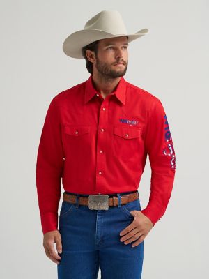 Men's Wrangler&reg; Logo Long Sleeve Western Snap Shirt in Americana Red alternative view 2
