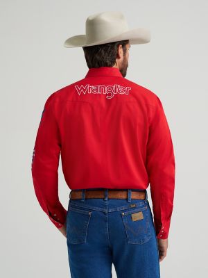 ロンページ Men's Wrangler® Logo Long Sleeve Western Snap Shirt | NEW | Wrangler®