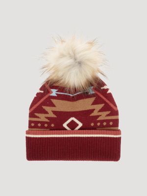 Women&rsquo;s Southwestern Pom Pom Beanie in Burgundy
