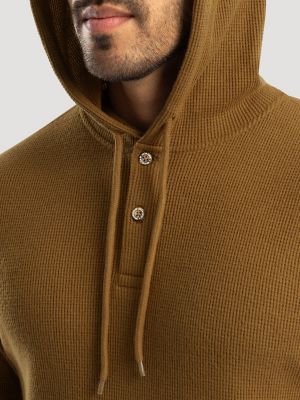 Men's Hooded Workwear Thermal Waffle Henley in Rubber Brown