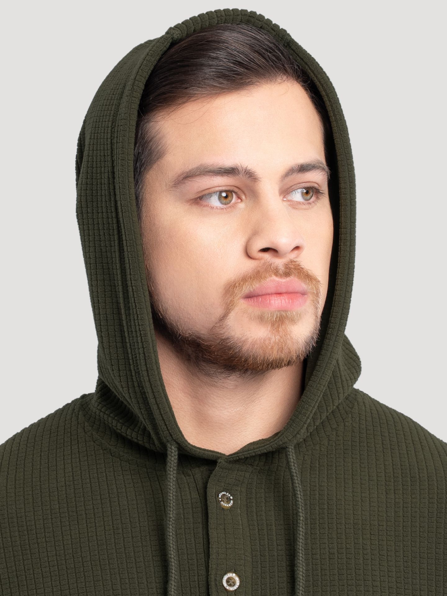 Мужские футболки Wrangler Hooded Workwear Grid Fleece Henley, цвет: Оливковый зелёный — фото 6