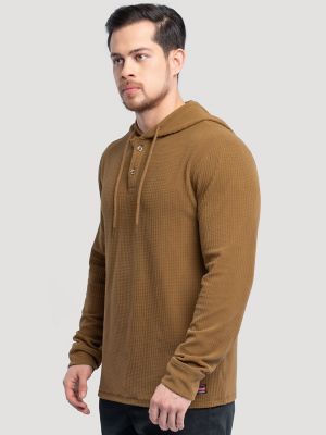 Men's Hooded Workwear Grid Fleece Henley in Rubber Brown