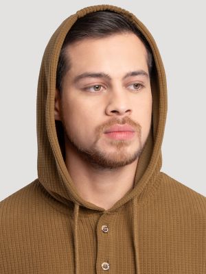 Men's Hooded Workwear Grid Fleece Henley in Rubber Brown