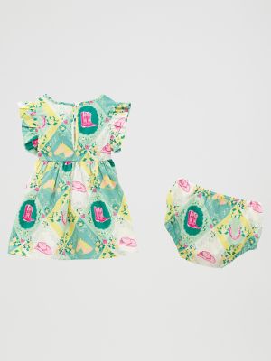 Little Girl's Ruffle Sleeve Print Dress in Green