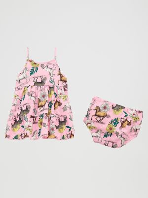 Little Girl's Printed Tiered Dress in Prancing Pink alternative view
