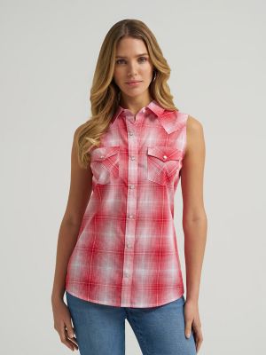 Women's Essential Sleeveless Plaid Western Snap Shirt