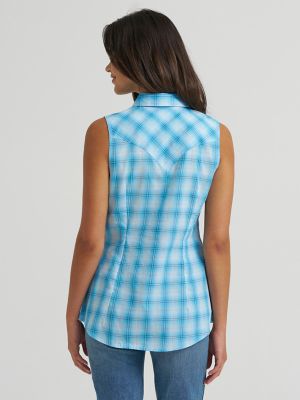 Women's Essential Sleeveless Plaid Western Snap Top in Pool Blue