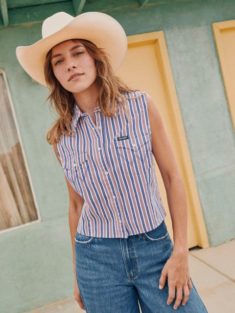 Женские рубашки Wrangler Women's Wrangler Striped Sleeveless Snap Shirt